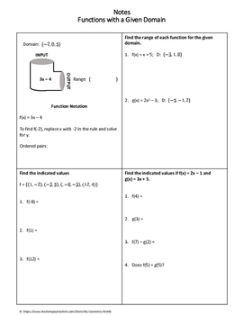Algebra 1 Worksheet: Functions with a Given Domain by My Math Universe