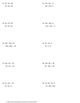 Algebra 1 Worksheet Solving Systems Of Linear Equations Using