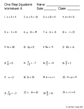 Algebra 1 Worksheet - One Step Equations by justmaththings | TpT