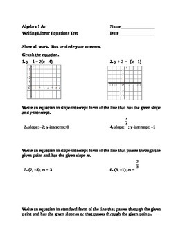 Preview of Algebra 1: Writing Linear Equations Test