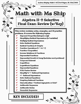 Preview of Algebra 2-2 Selective Final Exam Review & Study Guide 2023