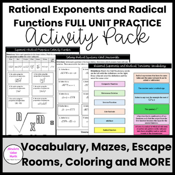 Preview of Algebra 2 Exponent Rules & Radical Functions Activities (Maze, Coloring & More!)