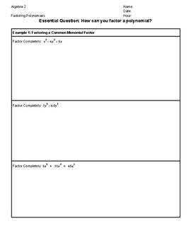 Preview of Algebra 2-Factoring Polynomials Guided Notes w/Key