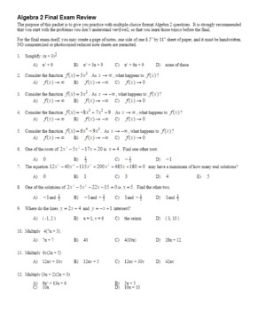 Algebra 2 Final Exam First Semester Review (Editable) by ...