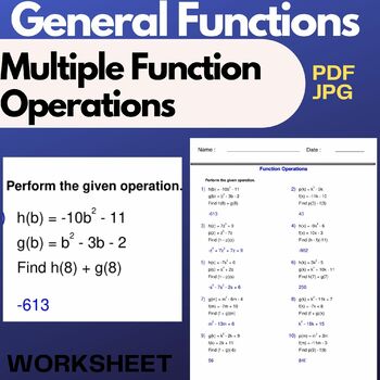 Preview of Algebra 2 - General Functions -Multiple Function Operations Worksheets