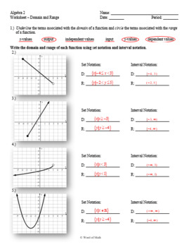 algebra 2 domain and range homework answer key