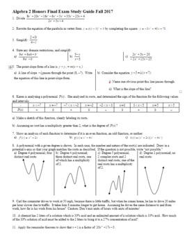 Preview of Algebra 2 Honors Final Exam Study Guide Fall 2017 with Key (Editable)