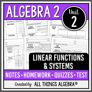 Preview of Linear Functions and Systems (Algebra 2 - Unit 2) | All Things Algebra®