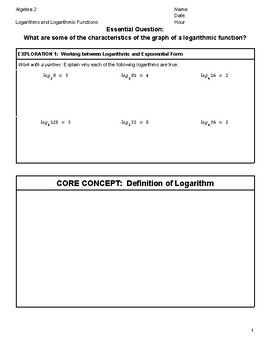 Preview of Algebra 2-Logarithms and Logarithmic Functions Guided Notes w/Key