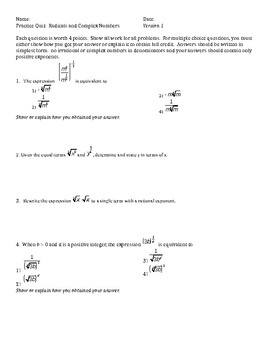Preview of Algebra 2 - Radicals & Complex Numbers Quizzes - 3 versions