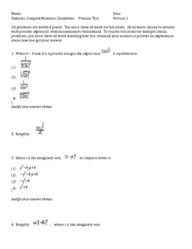 Preview of Algebra 2 - Radicals, Complex Numbers and Quadratics Unit Tests - 3 versions