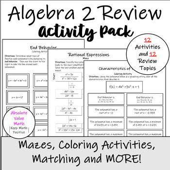 Preview of Algebra 2 Review Activity Packet (12 Printables - Mazes, Coloring, Matching)