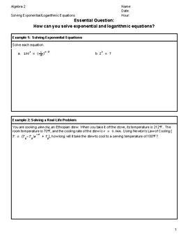 Preview of Algebra 2-Solving Exponential/Logarithmic Equations Guided Notes w/Key