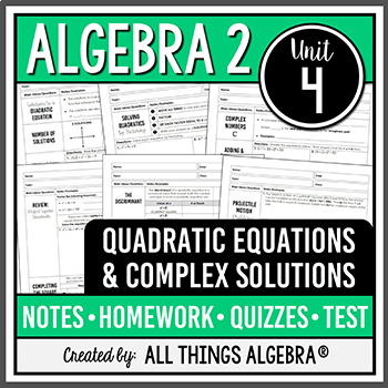 Preview of Quadratic Equations & Complex Numbers (Algebra 2 - Unit 4) | All Things Algebra®