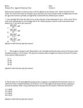 Preview of Algebra 2- Statistics Unit Tests - 3 versions