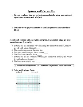 Preview of Algebra 2 Systems and Matrices Test