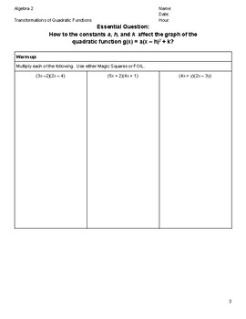 Preview of Algebra 2-Transformations of Quadratic Functions Guided Notes w/Key