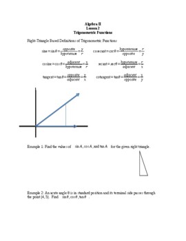 Preview of Algebra 2, Trigonometry Lesson 2: Trigonometric Functions