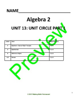 Preview of Algebra 2  UNIT 13: UNIT CIRCLE PART 1