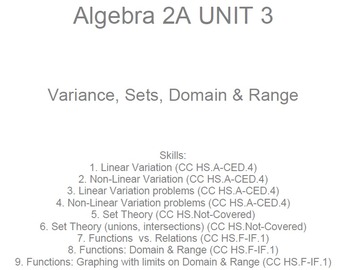 Preview of HS Algebra 2A UNIT 3: Variation, Sets, Domain&Range (5 wrkshts;7 quizzes)