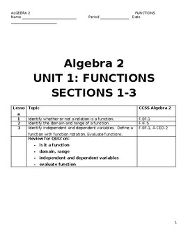 Preview of Algebra 2: Unit 1 Functions