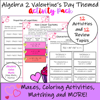 Preview of Algebra 2 Valentines Day Themed Review Activity Pack
