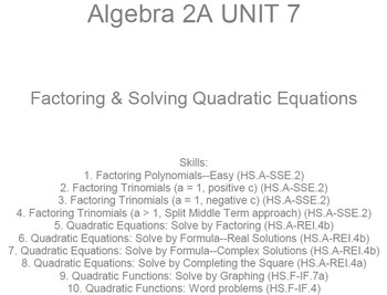 Preview of HS Algebra 2A UNIT 7: Factoring & Solving Quadratics (5 wrkshts;7 quizzes)