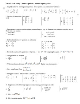 Preview of Algebra 2H Final Exam Study Guide with Key Spring 2017 (Editable)