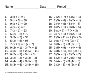 Preview of Algebra - 30 problems using Distributive Property