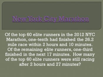 Preview of Algebra Applications (Word Problems): NYC Marathon