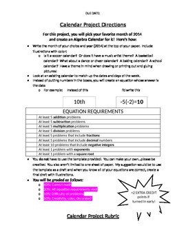 Preview of Algebra Calendar Project Directions & Rubric