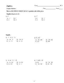 Algebra Complex Numbers (2 versions) Quiz or Worksheet TPT