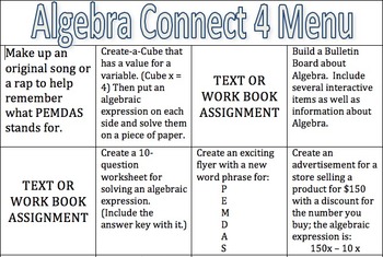 Preview of Algebra Connect 4 Menu