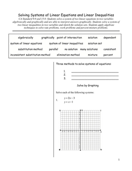 Preview of Algebra Cornell Notes: Systems of Linear Equations/Inequalities