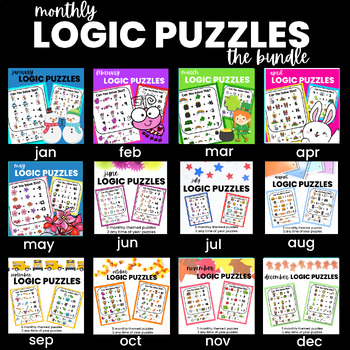 Preview of Algebra Critical Thinking Logic Puzzles Monthly Emoji Puzzles BUNDLE