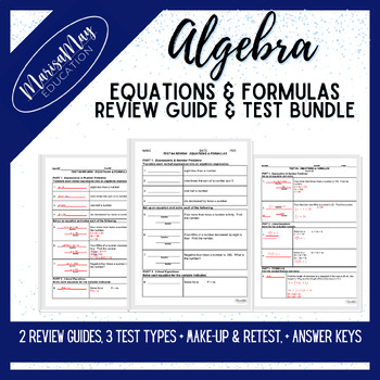 Preview of Algebra - Equations & Formulas Unit Review Guides & Test (5 Forms)