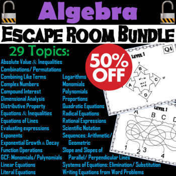 Preview of Algebra Escape Room Math Bundle: Polynomials, Distributive Property, Slope, etc.