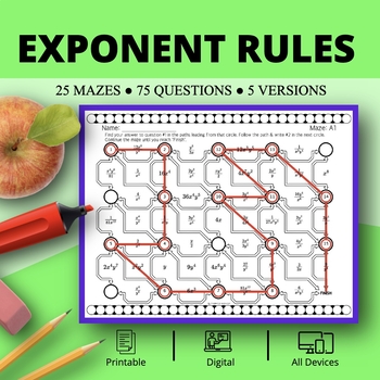 Algebra: Exponent Rules Maze Activity Sets by Qwizy | TpT