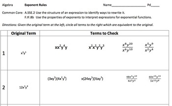 Preview of Algebra Exponent Rules Worksheet: Check all that apply