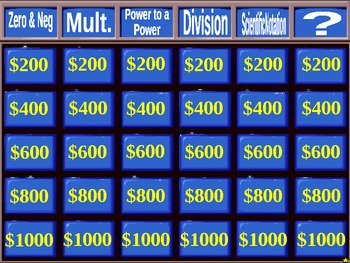 Preview of Algebra Exponents Jeopardy Review Game