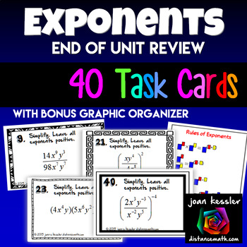 Preview of Exponent Rules 40 Task Cards plus Graphic Organizer