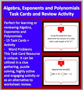 Preview of Algebra, Exponents and Polynomials - Task Cards and UNIQUE Activity