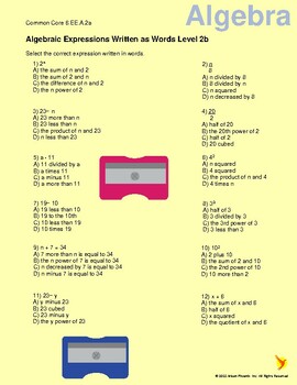 Preview of Algebra Expressions Written as Words Level 2b 6eea2a