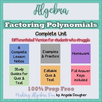 Preview of Algebra Factoring Polynomials Notes Practice Homework Quiz Test Differentiated