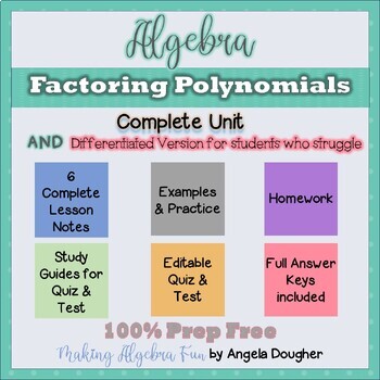 Preview of Algebra Factoring Polynomials Notes Practice Homework Quiz Test + Differentiated