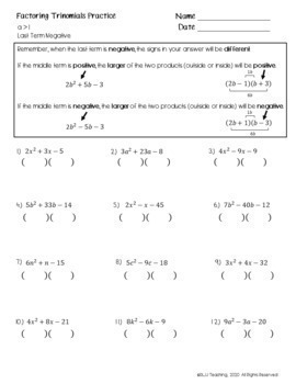 Algebra: Factoring Trinomials Practice Worksheets on Google Slides