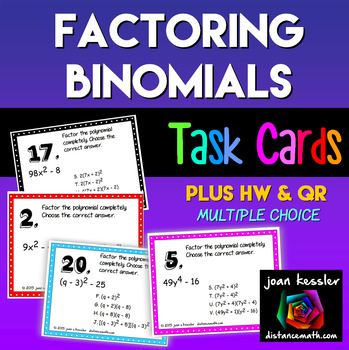 Preview of Factoring Binomials Difference of Perfect Squares Task Cards Plus HW QR