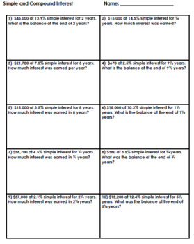Preview of Algebra Finance Simple and Compound Interest Review Worksheet Quiz