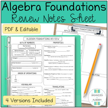 Preview of Algebra Foundations Review Notes Sheet Algebra 1 Differentiated Test Prep