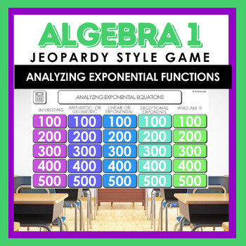 Preview of Algebra I Analyzing Exponential Equations Jeopardy Style Review Game